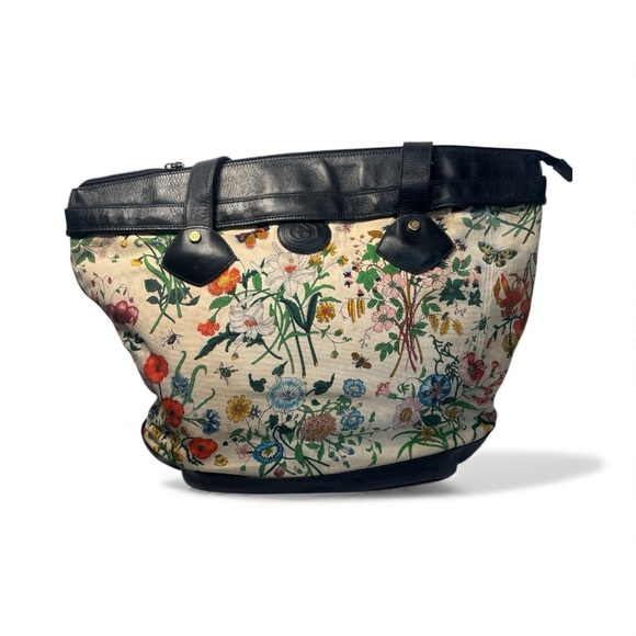 🌸 Gucci Large Flora Vintage Canvas Tote Bag Blue Leather Trim Floral Print - Picture 6 of 12
